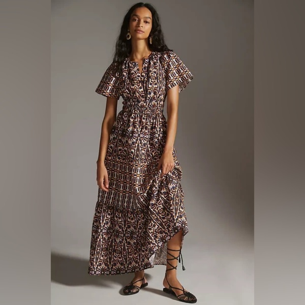 Anthropologie Brown, Orange, Blue and White Tiered Pattern Maxi Sundress